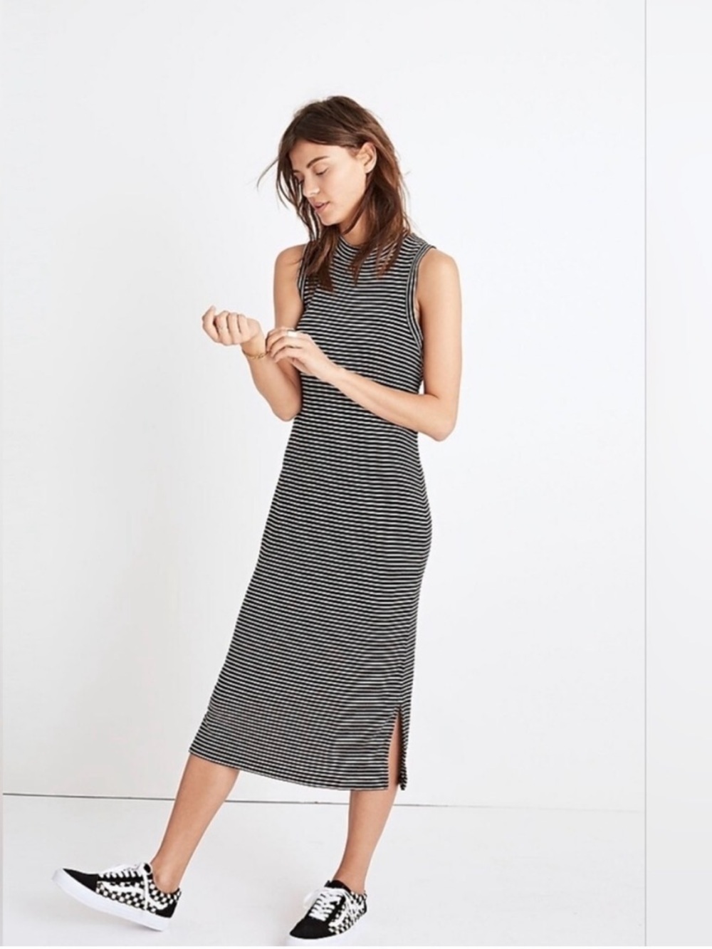 Madewell Ribbed Mockneck Sleeveless Midi Dress Striped B&W Size Large #2177